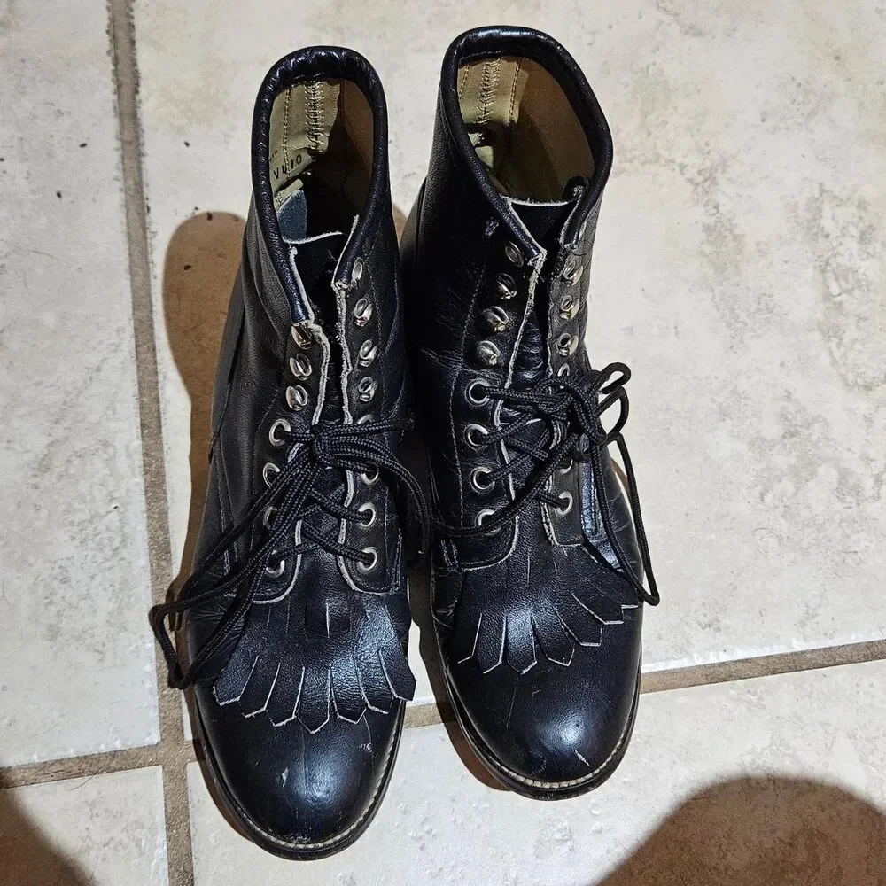 vintage western whimsigoth black leather lace up granny boots